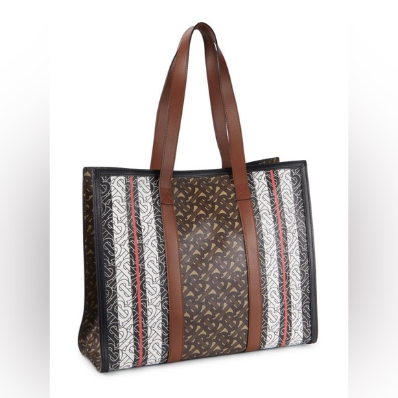 Burberry Small Monogram Striped Logo Tote NWT Bridle Brown Multicolor - Picture 3 of 10